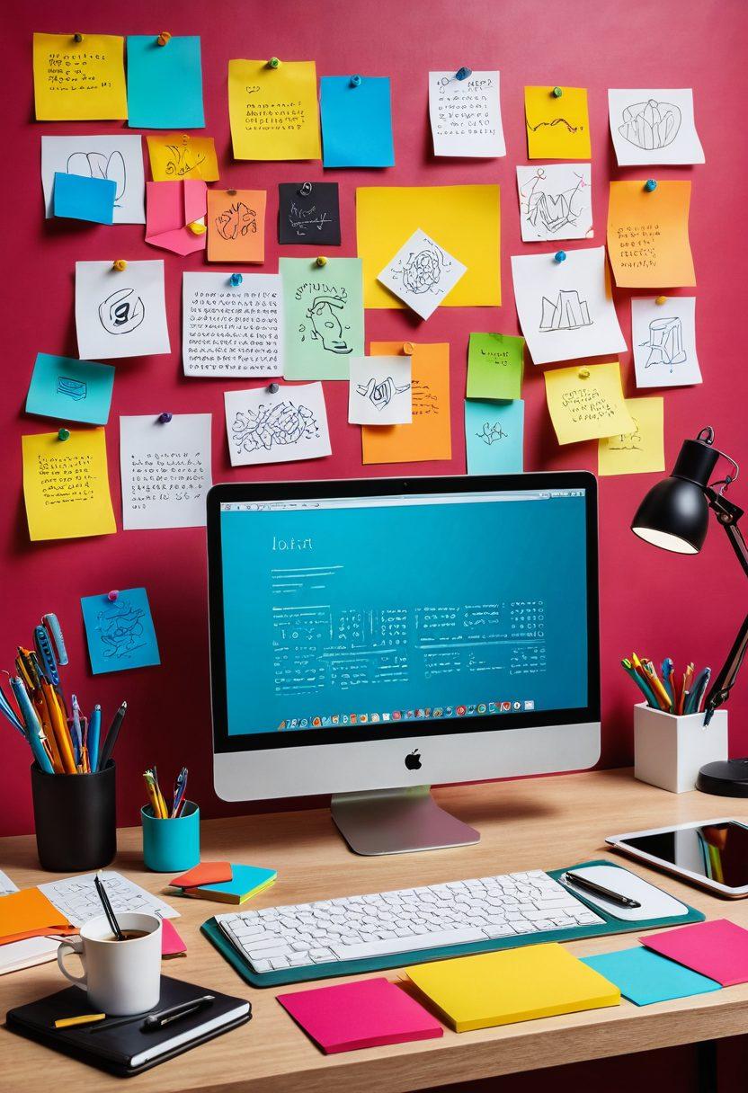 A creative workspace showcasing innovative content creation tools like a laptop with editing software open, a digital drawing tablet, and a smartphone. Surround these with vibrant sticky notes and colorful books, representing a tech-driven environment. Add abstract symbols of technology and creativity floating around to depict the digital blogosphere. bold colors. modern design. 3D.