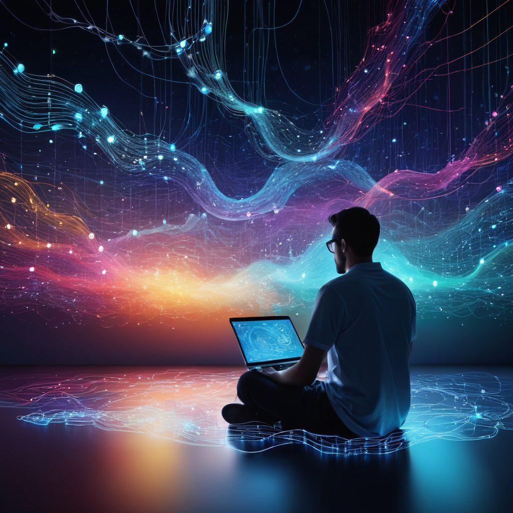 A bustling digital landscape filled with interconnected lines representing IoT devices, with a person sitting at a laptop surrounded by floating blog posts and innovative tech symbols. Bright colors evoke a sense of creativity and exploration, while vibrant light trails illustrate the flow of information. The background features abstract representations of clouds and circuits to symbolize innovation. super-realistic. vibrant colors. abstract background.
