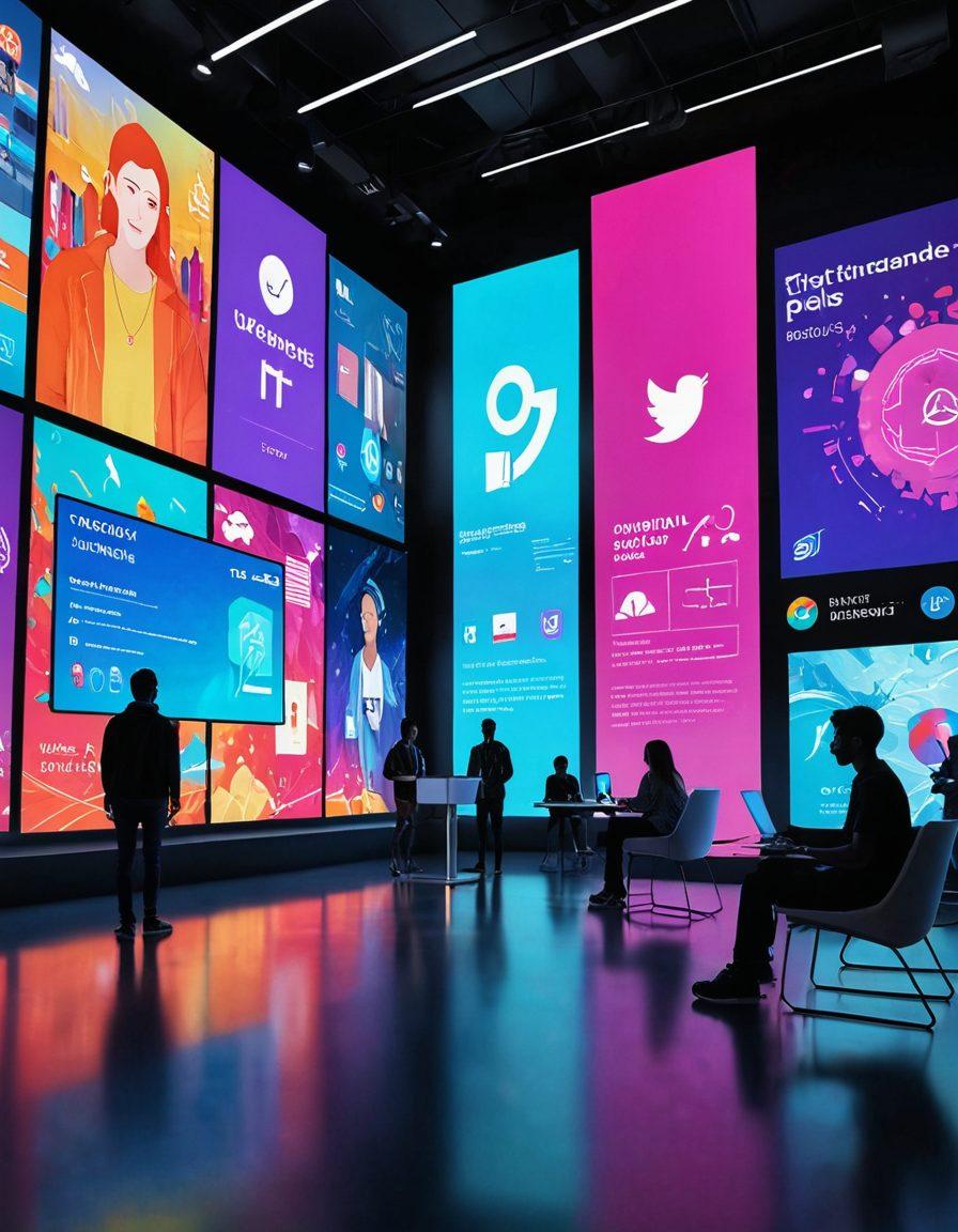 A vibrant digital landscape showcasing diverse online communities interacting with various forms of content, such as chat rooms, video panels, and social media feeds. Illustrate people of different backgrounds engaging with interactive elements like polls and quizzes, symbolizing connection and collaboration. Include futuristic technology motifs to represent the digital age. The atmosphere should feel welcoming and inclusive. bright colors. 3D. digital art.